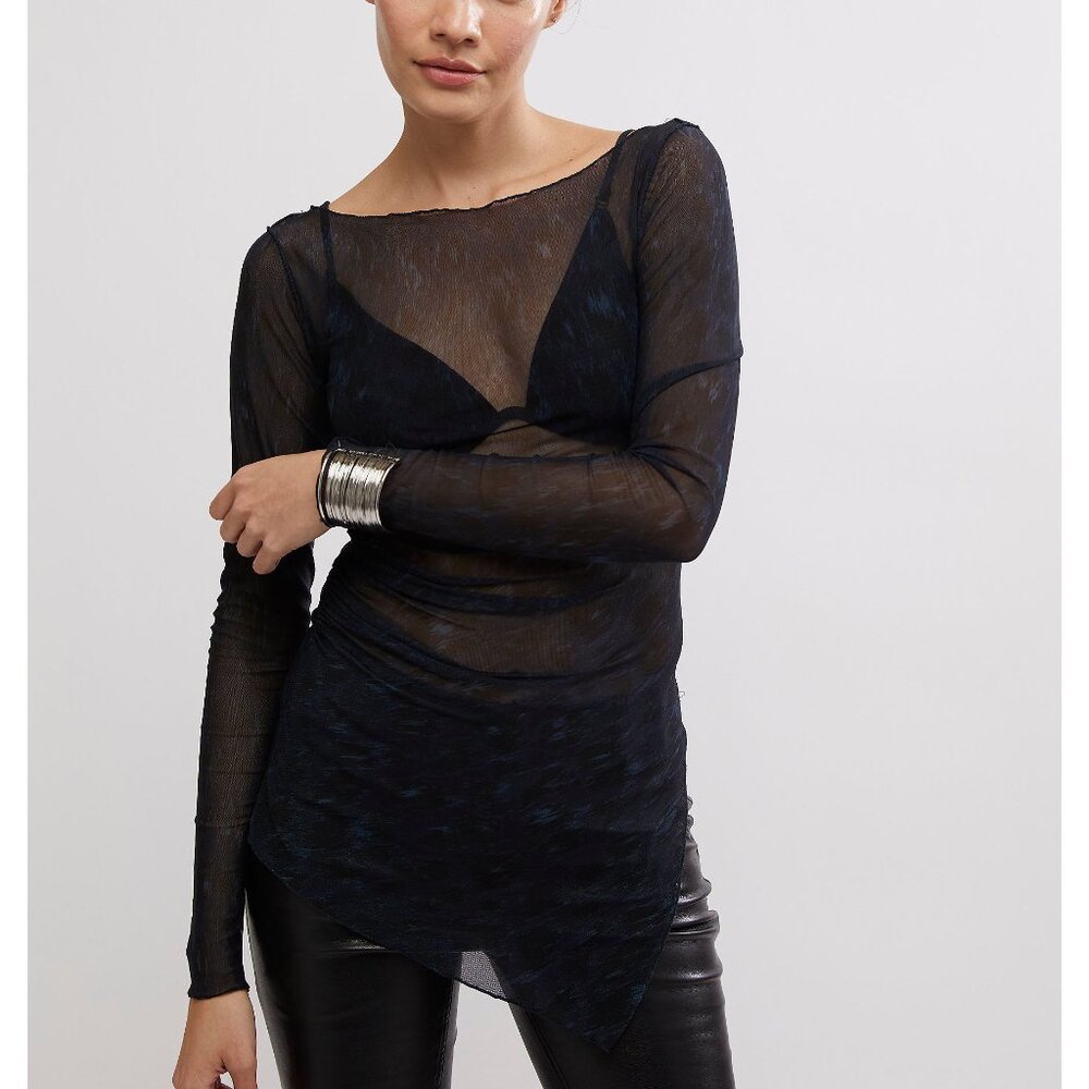 Free People Sheer Long Sleeve Asymmetrical Tunic in Black/Navy